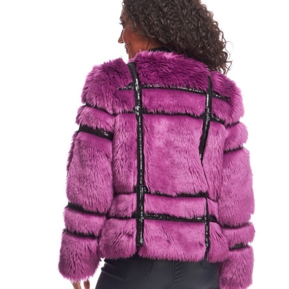 Orchid Magenta Faux Fur Style Starter Sequin Jacket - Picture 2 of 6